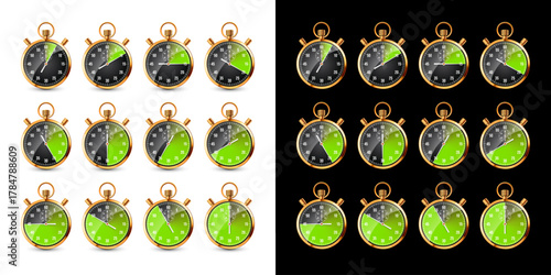 Realistic classic stopwatch. Shiny golden metal chronometer, time counter with dial. Green countdown timer showing minutes and seconds. Time measurement for sport, start, finish. Vector illustration.