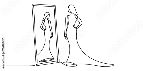 Continuous line drawing of an elegant woman in a flowing dress standing in front of a mirror, contemplating her reflection and personal identity.