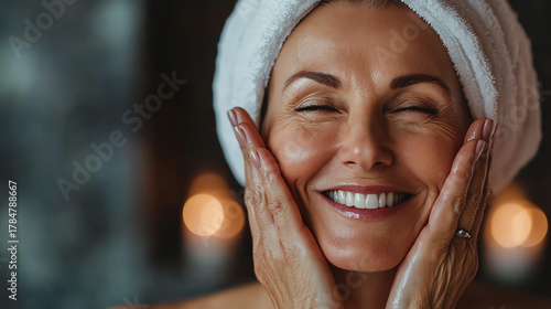 Mature woman smiling during antiaging facial massage, graceful aging concept