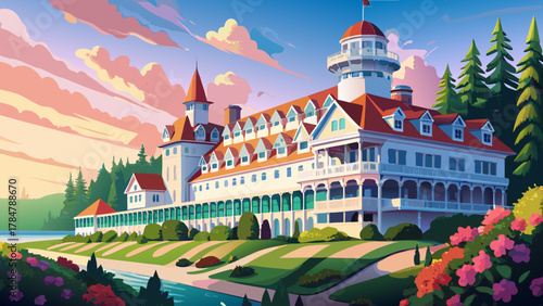 Very beautiful view of the historic Grand Hotel on Mackinac Island, Michigan, USA, featuring its elegant long front porch, classic white façade, vibrant summer greenery, and a realistic charming islan