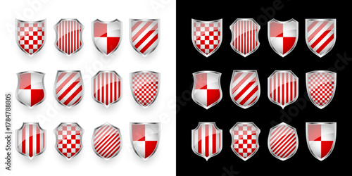 Glossy shield with red and black pattern. Security and protection concept. Cyber safety icons, internet privacy, web defense, digital data protection and antivirus themes. Vector illustration.