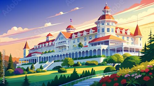 Very beautiful view of the historic Grand Hotel on Mackinac Island, Michigan, USA, featuring its elegant long front porch, classic white façade, vibrant summer greenery, and a realistic charming islan