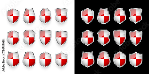 Glossy shield with red and black pattern. Security and protection concept. Cyber safety icons, internet privacy, web defense, digital data protection and antivirus themes. Vector illustration.