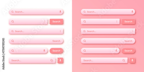 Colorful 3d search bar templates. Internet browser engine with search box, address bar and text field. UI design, website interface element with web icons and push button. Vector illustration.