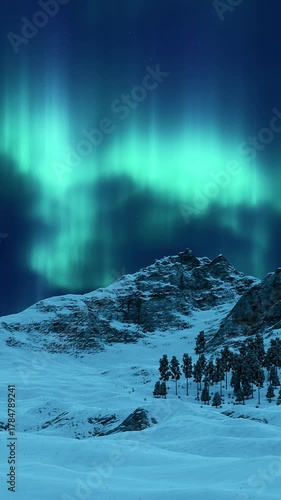 Vertical shot of Northern Lights Aurora Borealis flashes in dramatic nighttime sky over snowy mountain range and fir forest at dark polar night. Desolate arctic winter landscape 3D animation.