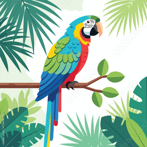 A vibrant blue and red macaw parrot perched on a branch amidst lush green tropical foliage, showcasing its colorful plumage and exotic beauty