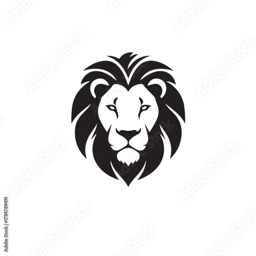 A striking black and white illustration of a lions head, featuring a majestic mane and intense gaze, isolated on a clean
