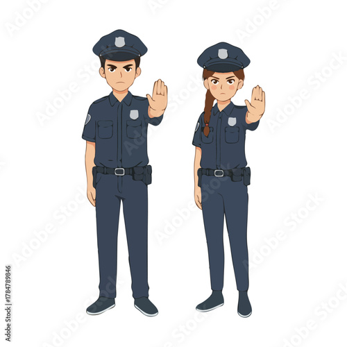 Cartoon Police Officers in Uniforms with Stop Gesture.