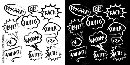 Grunge comic speech bubbles with brush strokes, ink smudges, acrylic stains or charcoal streaks. Hand drawn retro cartoon stickers. Chatting, message box. Vector illustration.