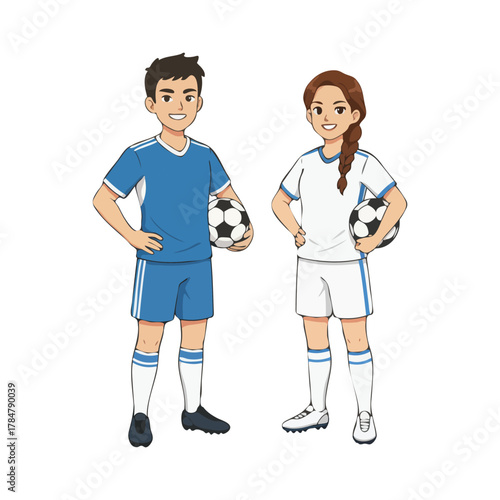 Cartoon illustration of a young boy and girl in soccer team uniforms holding footballs.