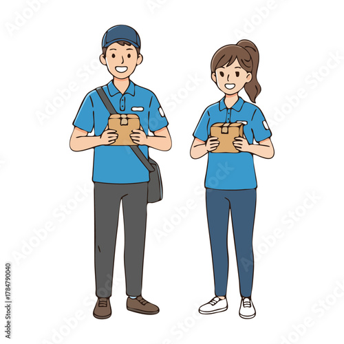 Smiling Delivery People Holding Cardboard Packages Uniforms.