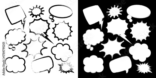 Grunge comic speech bubbles with brush strokes, ink smudges, acrylic stains or charcoal streaks. Hand drawn retro cartoon stickers. Chatting, message box. Vector illustration.