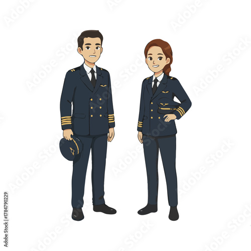 Cartoon illustration of a male and female airline pilot couple in professional uniforms.