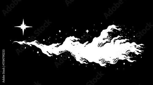 Vector illustration of a cloud in a vintage engraving style against a black background. Unique artwork with a whimsical concept.