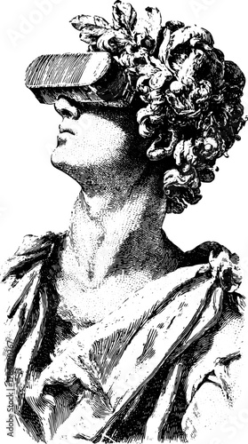 Roman statue bust with laurel and vr headset in black and white engraving style. Vintage illustration with modern technology concept, vector art.