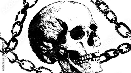Skull with chains in a black and white vintage vector illustration. Simple art featuring detailed textures and gothic elements.