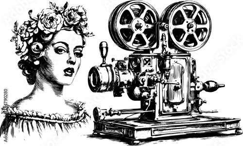 Engraving of a vintage film projector alongside a woman's portrait. Retro vector illustration featuring a classic design and detailed line art.