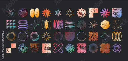 Brutalist geometric shapes, modern grunge symbols. Simple primitive elements and forms, distressed details. Retro design, aged, vintage, trendy contemporary minimalist style, y2k. Vector illustration.