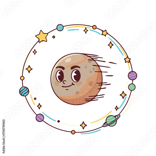 Cartoon Planet with Face and Comet Trail Surrounded by Celestial Orbits.