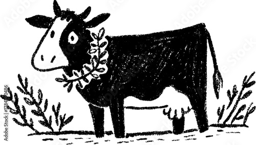 Black cow illustration in a simple, flat style. Isolated vector artwork ideal for farm and nature-themed designs in a set.