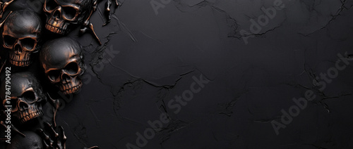 Horizontal top view of creepy skulls for a Halloween design.