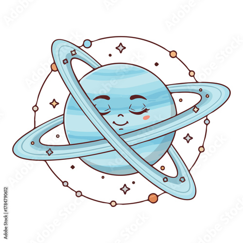 Cute cartoon planet with rings and sleeping face illustration.