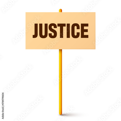 Protest sign with text slogan and wooden holder. Demonstration banner. Strike action cardboard placard mockup. Social advertisement. Vector illustration.