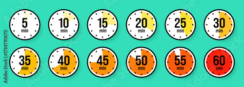 Stopwatch icons. Colorful simple chronometer, time counter with dial. Countdown timer showing hours and minutes. Deadline, measurement for sport. Cooking time label, sticker. Vector illustration.
