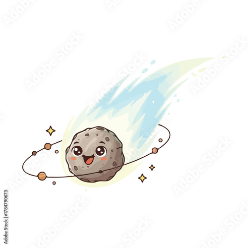 A cute cartoon asteroid character with a happy smiling face orbital ring and a long colorful tail.