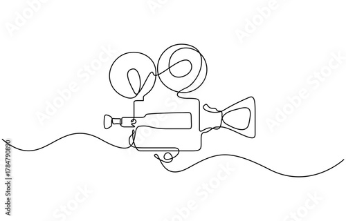 Minimalist continuous one line drawing of a vintage movie camera vector illustration. Editable outline