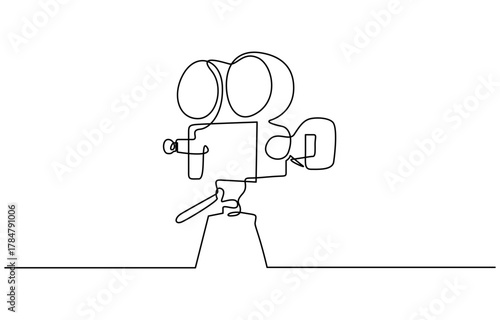 Minimalist continuous one line drawing of a vintage movie camera vector illustration. Editable outline