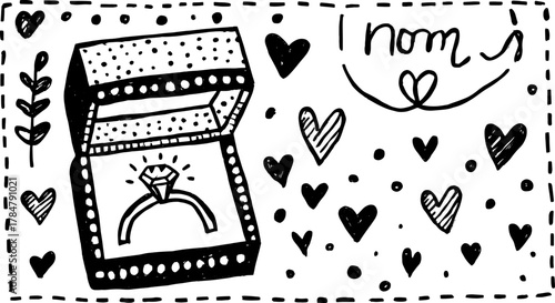 Hand-drawn ring box vector illustration with decorative hearts. Simple black outline art emphasizing elegance and love for special occasions.