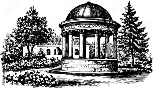 Garden pavilion structure in classic black and white sketch style. Ornate details and surrounded by trees and bushes, this is a vector illustration of elegant outdoor scenery.