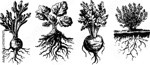 Root illustrations of various plants in black and white line art style. Detailed botanical vector illustration set.