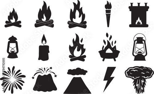 Set of wood fire flame vector icons. Collection of fire , flame, volcano and thunder icons Illustrator Artwork