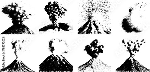 Volcano eruption illustration set. Detailed black engraving showcasing various stages of eruption, depicting geological activity and natural phenomena in vector.