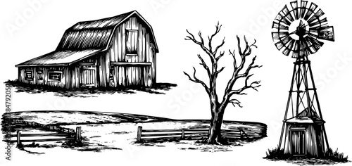 Barn and windmill in a rural landscape set. Black and white vector illustration depicting simple structures in an open field.