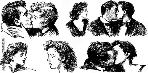 Engraving of a couple in a tender moment. This vintage black and white vector illustration captures romance through hand-drawn outlines in a classic set.