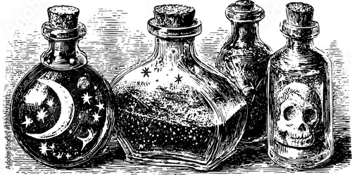 Antique bottles with detailed engravings: a vintage vector illustration set depicting various styles including skull and cosmic designs.