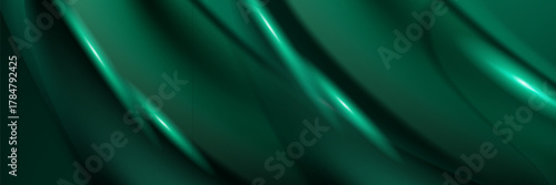 Green drapery silk fabric luxury background. Wavy abstract satin cloth vector texture pattern. Smooth shiny drape material curtain. Elegant vector