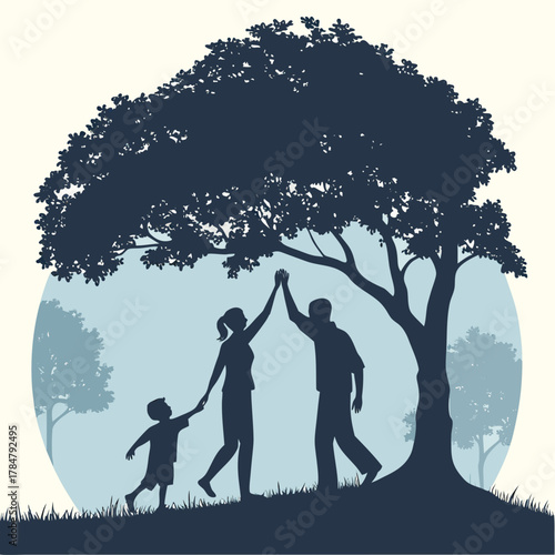 Family silhouette high five under a large tree in a park