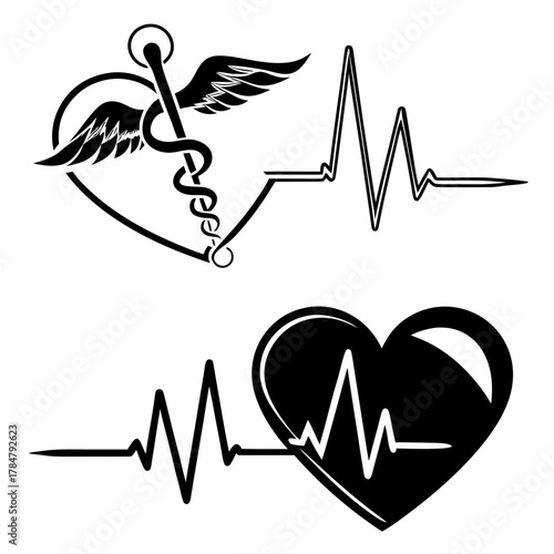 Medical symbols caduceus and heartbeat line ekg heart rhythm