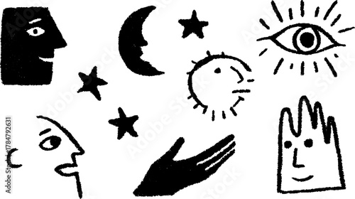 Vector illustration featuring faces, hands, moon, sun, and stars. A simple black-and-white set of abstract graphic artwork.