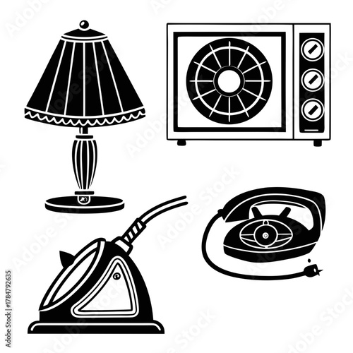 Collection of black and white household appliance icons