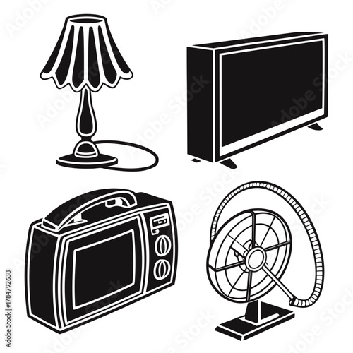 Collection of vintage electronic devices and home appliances in silhouette