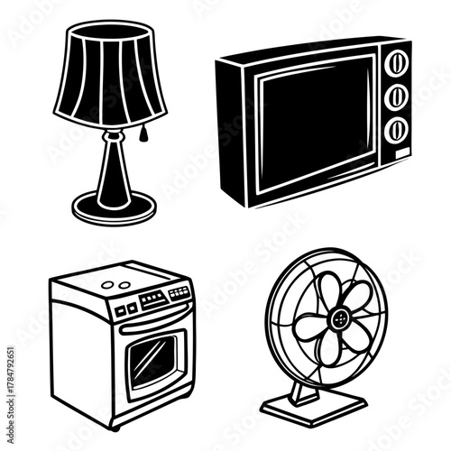 Collection of four household appliances in a simple black and white illustration