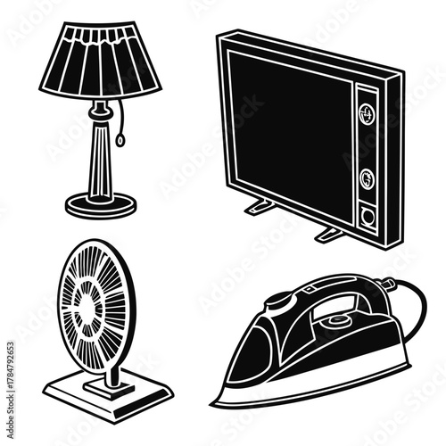 Collection of household appliances including a lamp television fan and iron