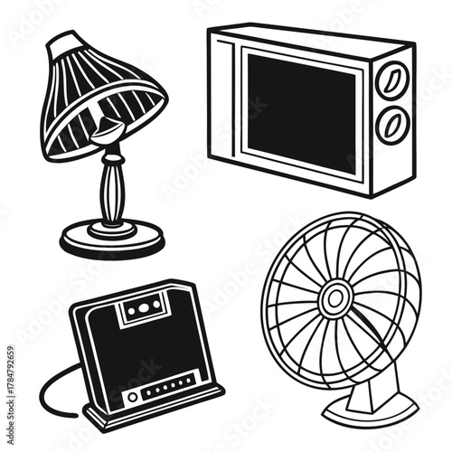 Collection of vintage household appliances and electronics in black and white outline style