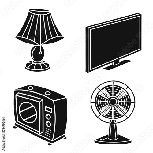 Collection of four black and white isometric icons of home appliances