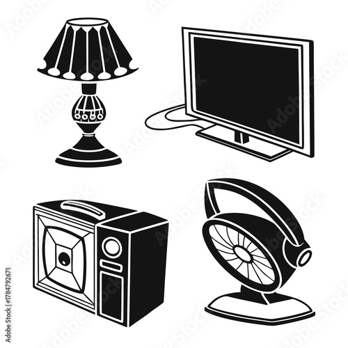 Set of black and white icons depicting home electronics and appliances
